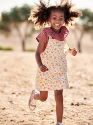 Girls-Dresses-Dungaree Dress with Flowers, Frilly Straps