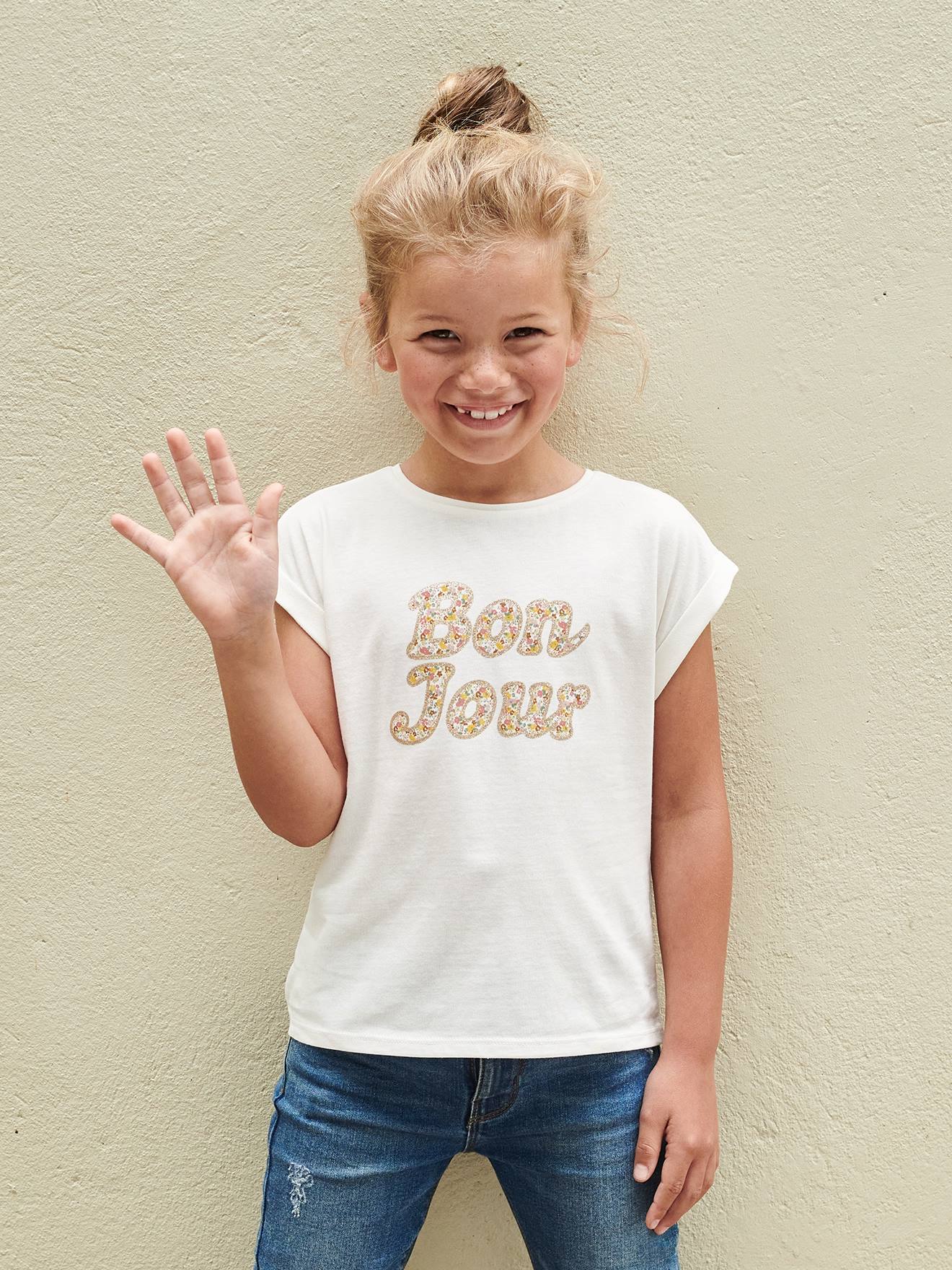 T-Shirt with Message in Flower Motifs for Girls - ecru