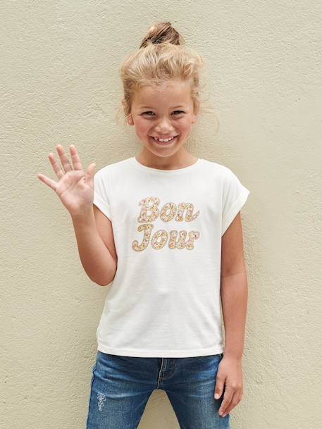 T-Shirt with Message in Flower Motifs for Girls coral+ecru+pale yellow+sky blue 