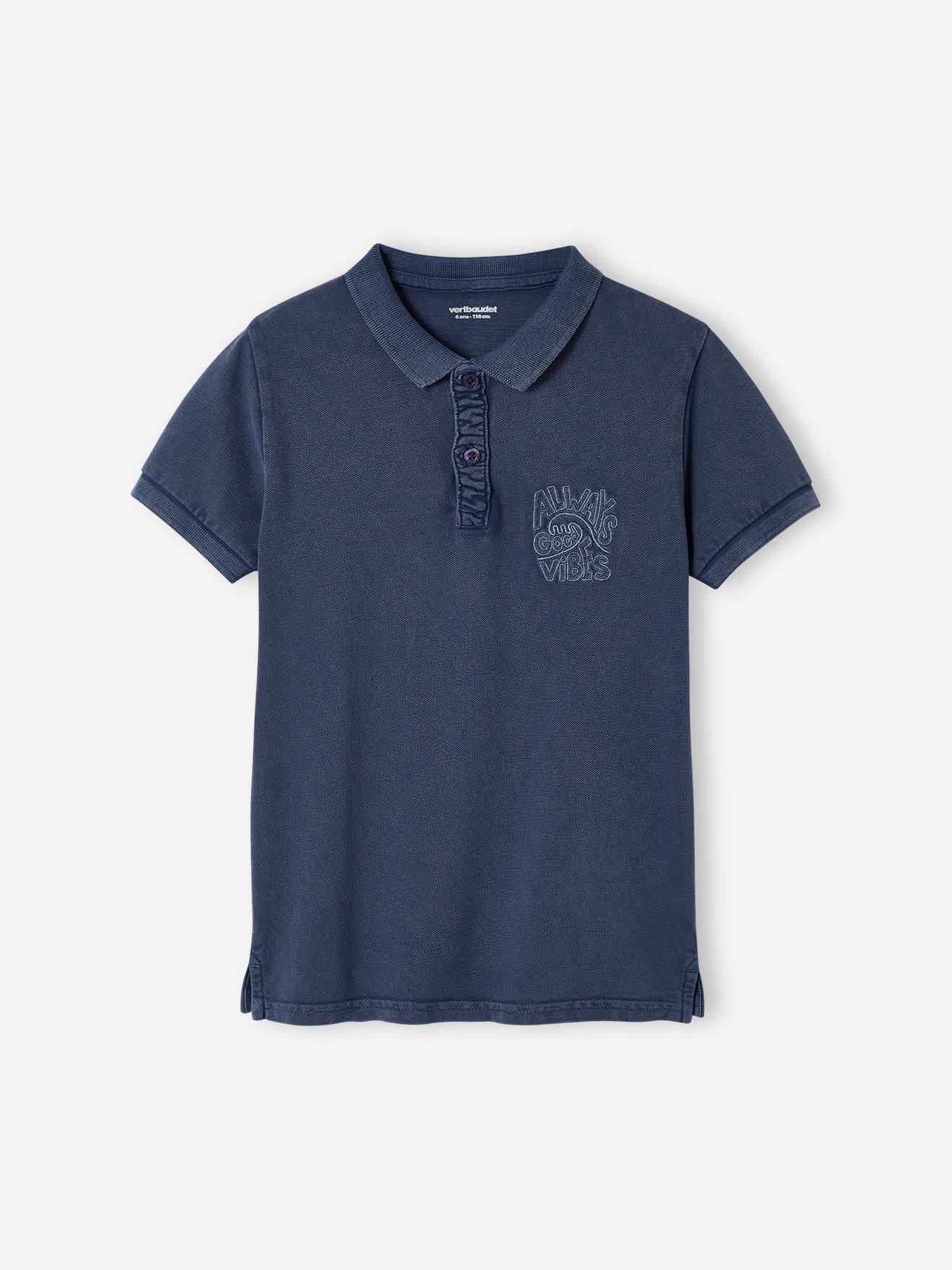 Polo Shirt with "good vibes" Embroidered on the Chest, for Boys slate blue