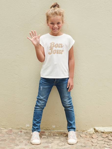 T-Shirt with Message in Flower Motifs for Girls coral+ecru+pale yellow+sky blue 