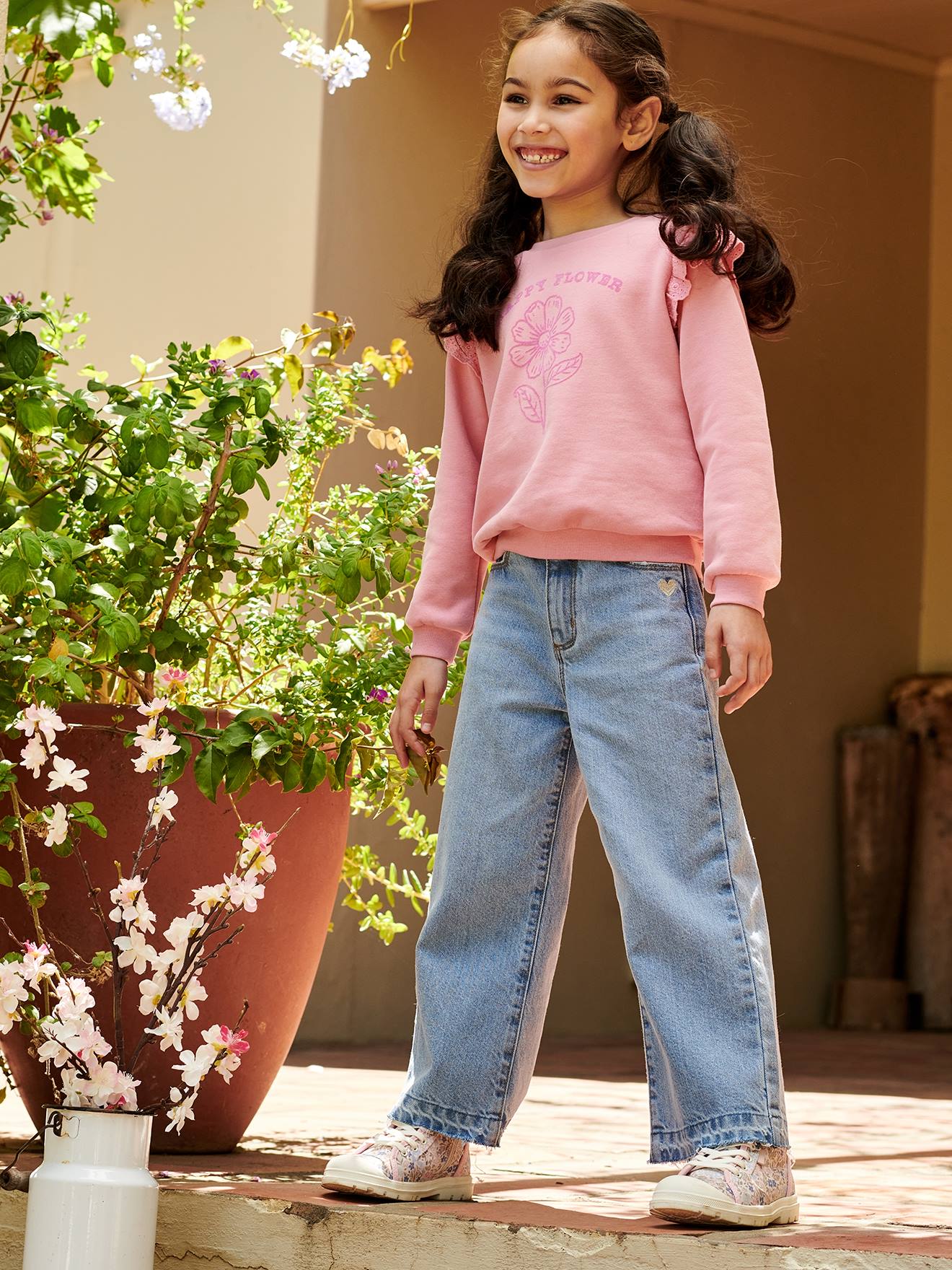 Wide-Leg Jeans, Frayed Hems, for Girls bleached denim