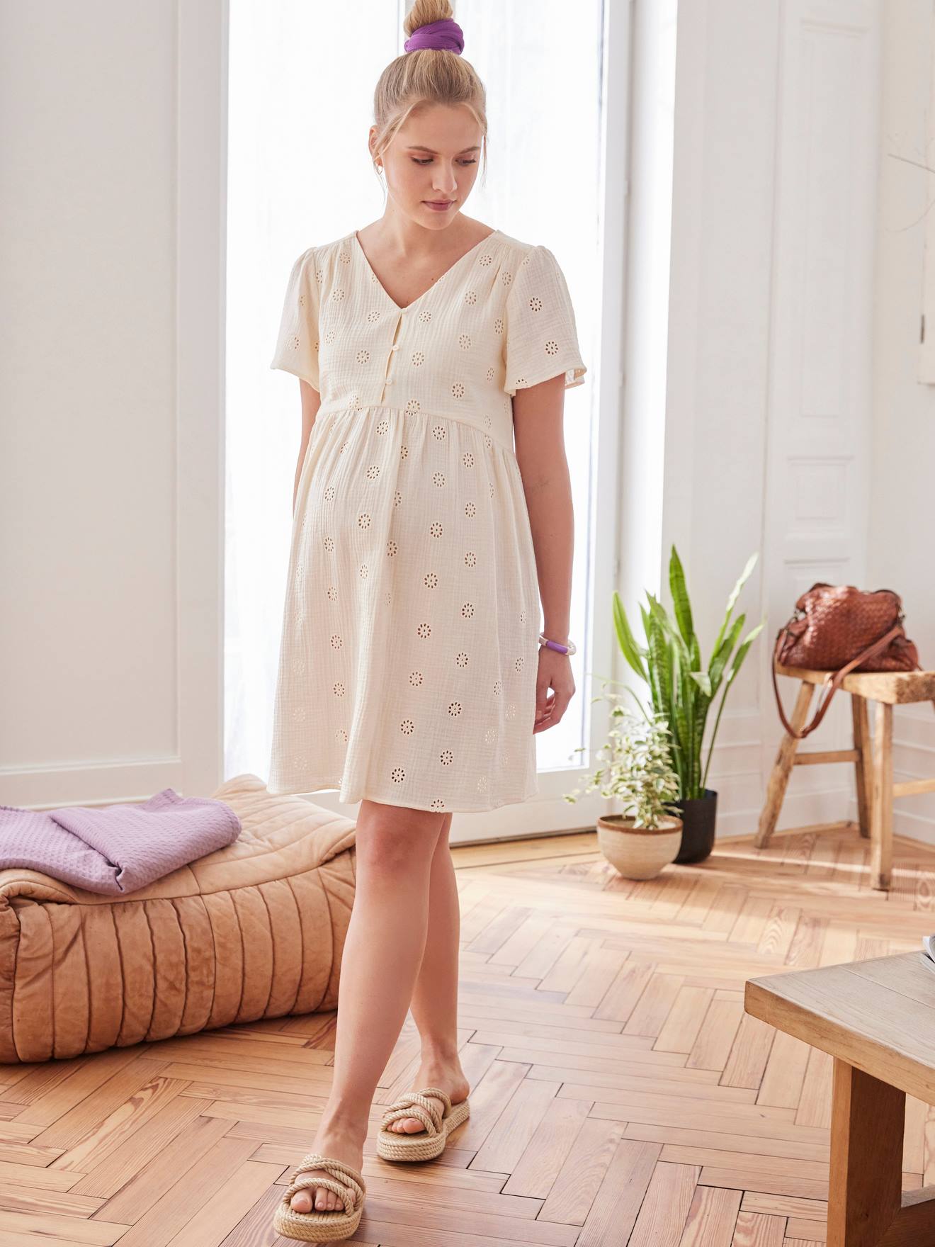 Embroidered Cotton Gauze Dress, Maternity & Nursing Special ecru