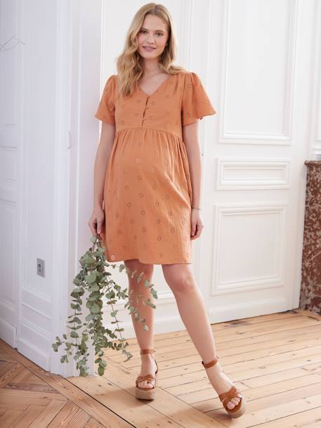 Embroidered Cotton Gauze Dress, Maternity & Nursing Special ecru+terracotta 