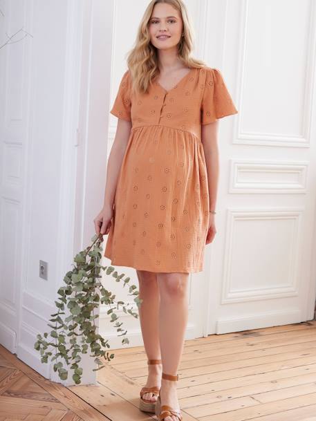 Embroidered Cotton Gauze Dress, Maternity & Nursing Special ecru+terracotta 