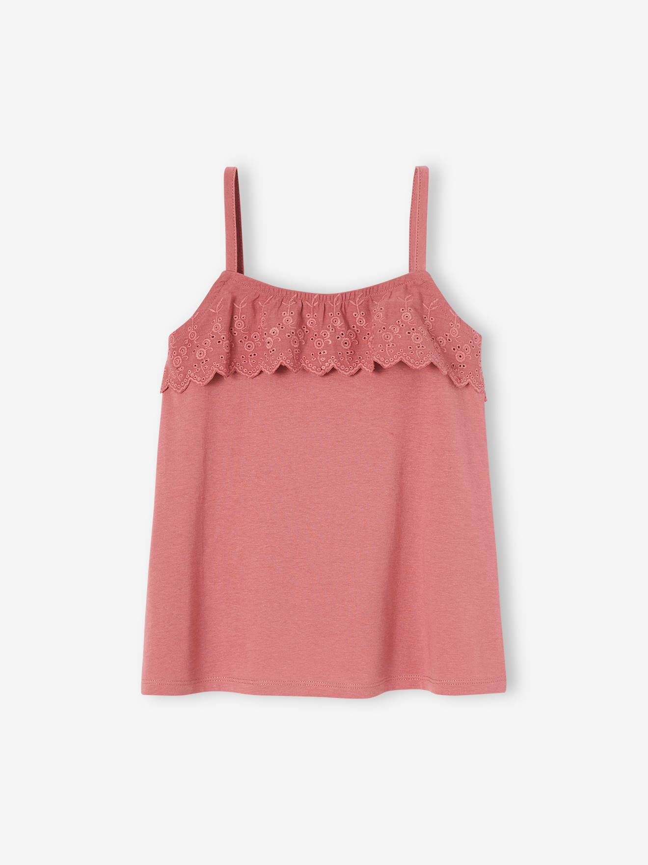 Sleeveless Top with Ruffles in Broderie Anglaise for Girls old rose