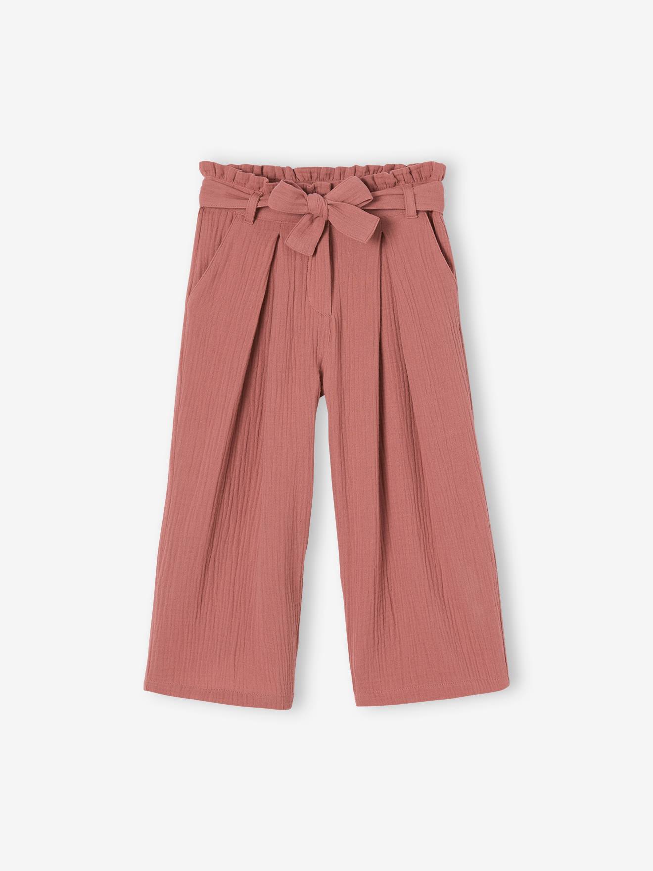 Cropped, Wide Leg Paperbag Trousers in Cotton Gauze for Girls old rose