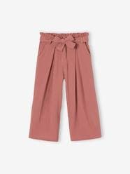 Cropped, Wide Leg Paperbag Trousers in Cotton Gauze for Girls