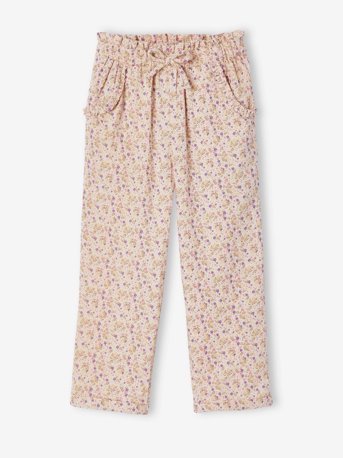 Cropped Cotton Gauze Trousers with Floral Print, for Girls ecru