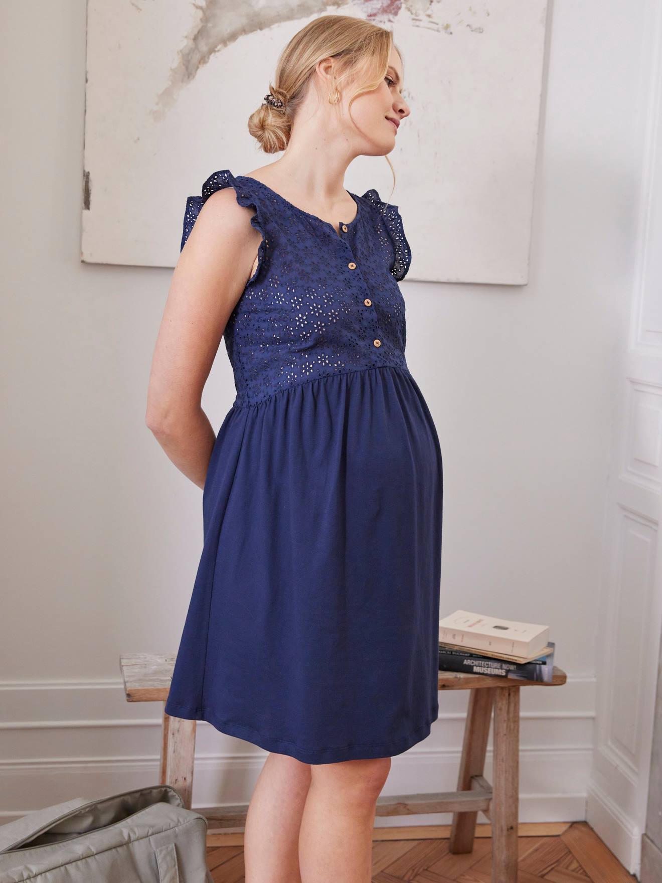 Short Dress in Jersey Knit & Broderie Anglaise, Maternity & Nursing Special navy blue