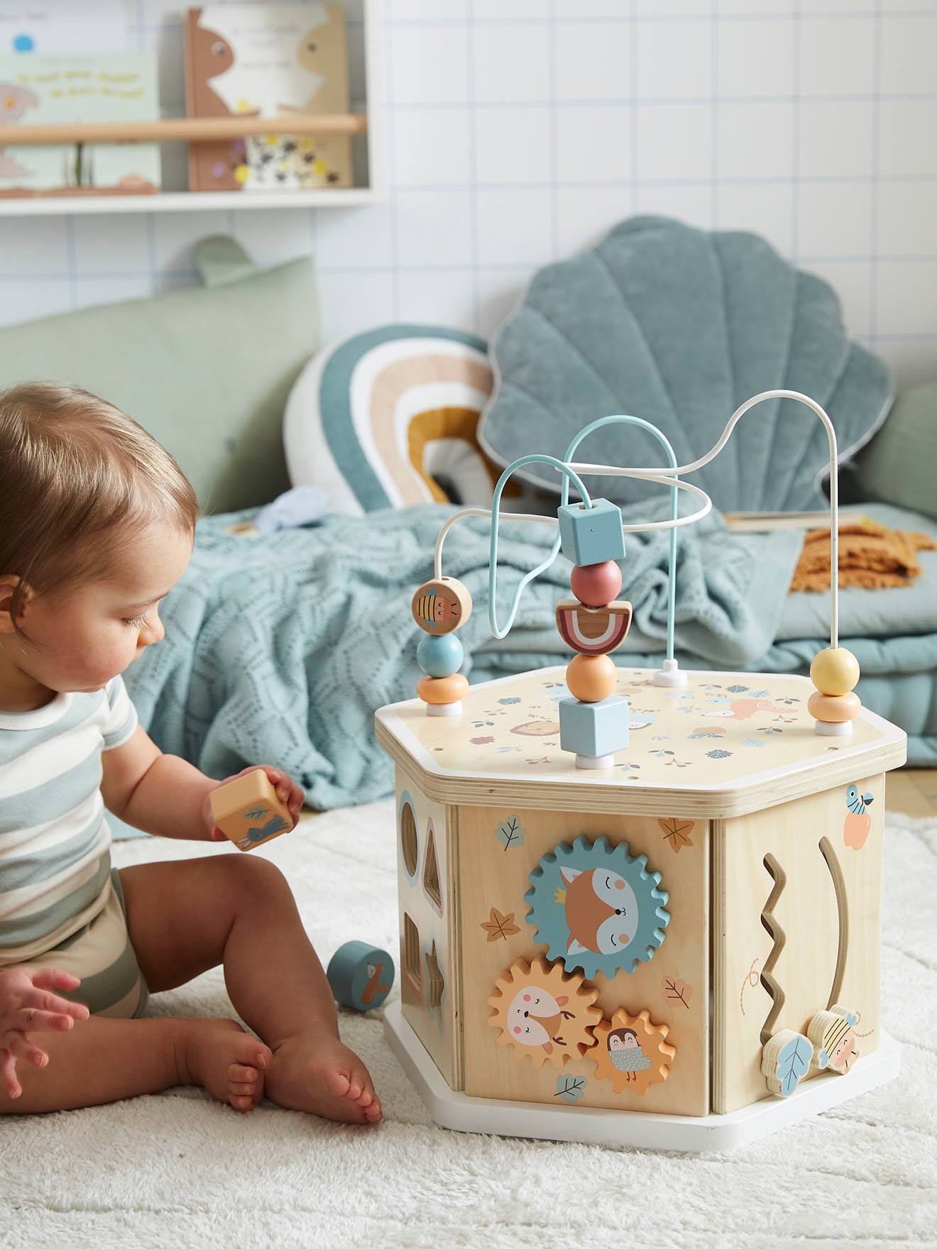 Large Hexagon Cube with Activities in FSC® Wood light solid with design