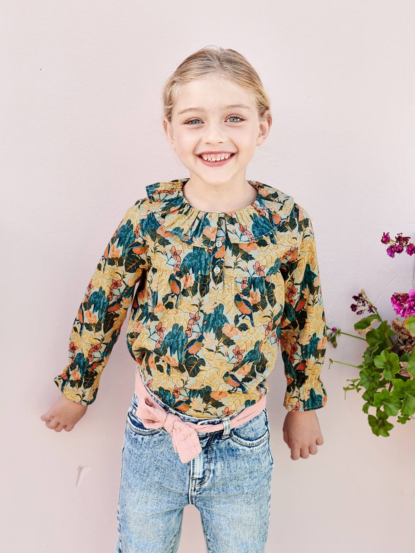 Blouse with Floral Print, for Girls aqua green