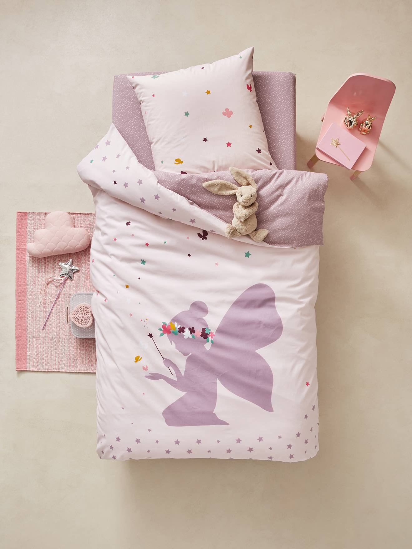 Children’s Duvet Cover & Pillowcase Set, Tiny Fairy Theme light purple
