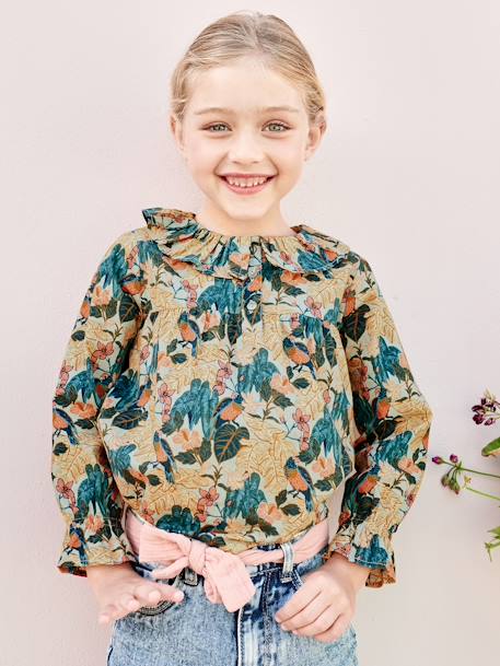 Blouse with Floral Print, for Girls aqua green+fir green+rose 