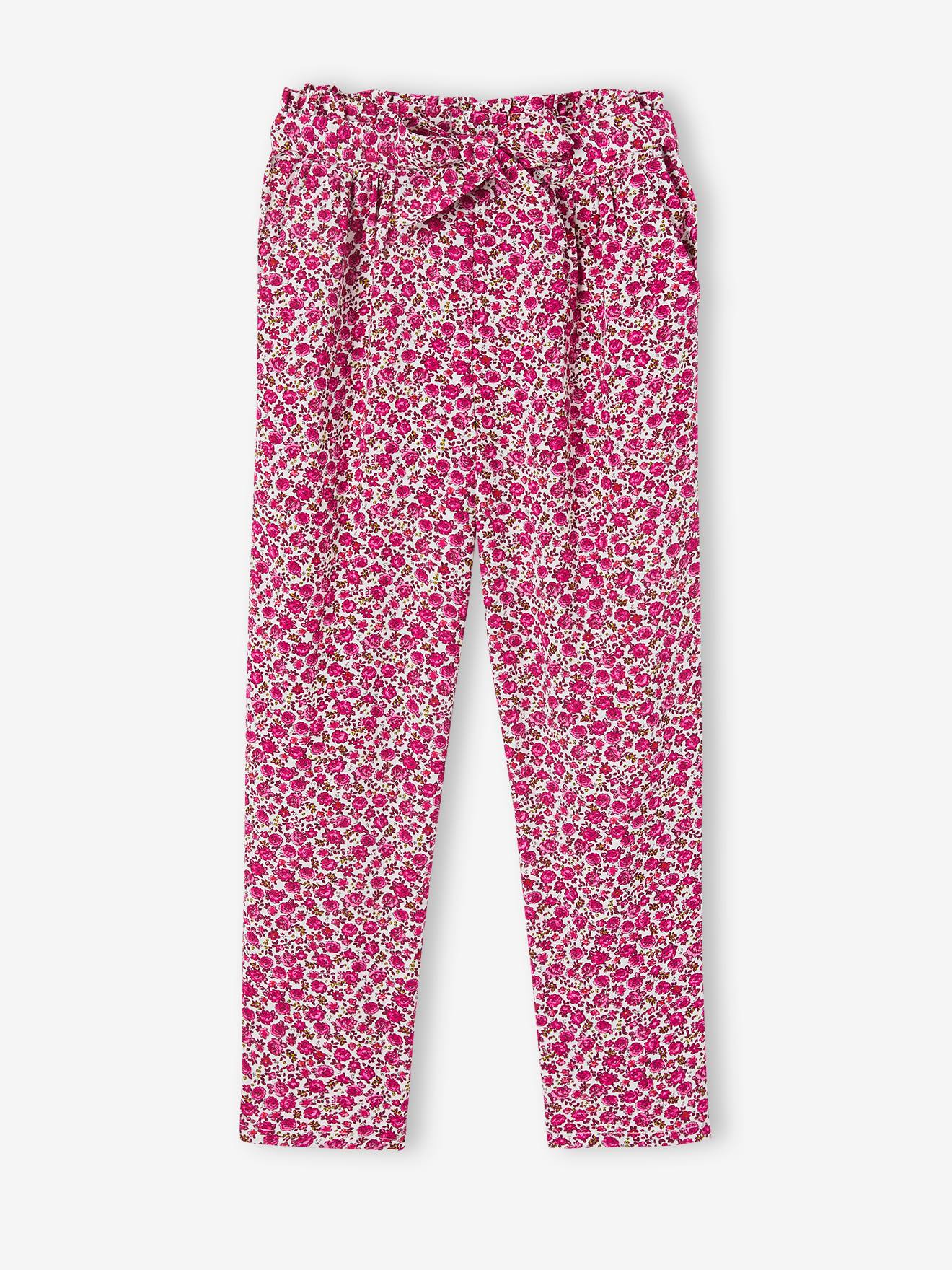 Fluid Cropped Trousers with Floral Print, for Girls ecru