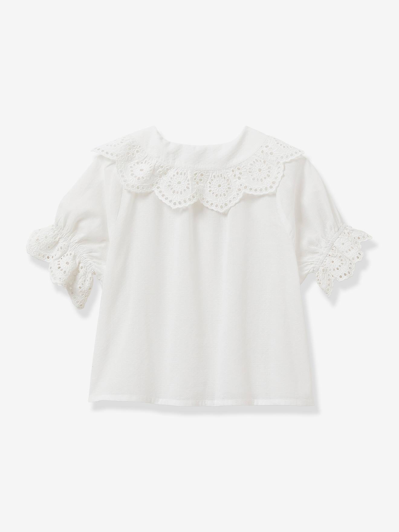 Blouse with Broderie Anglaise for Girls by CYRILLUS ecru Girls Vertbaudet