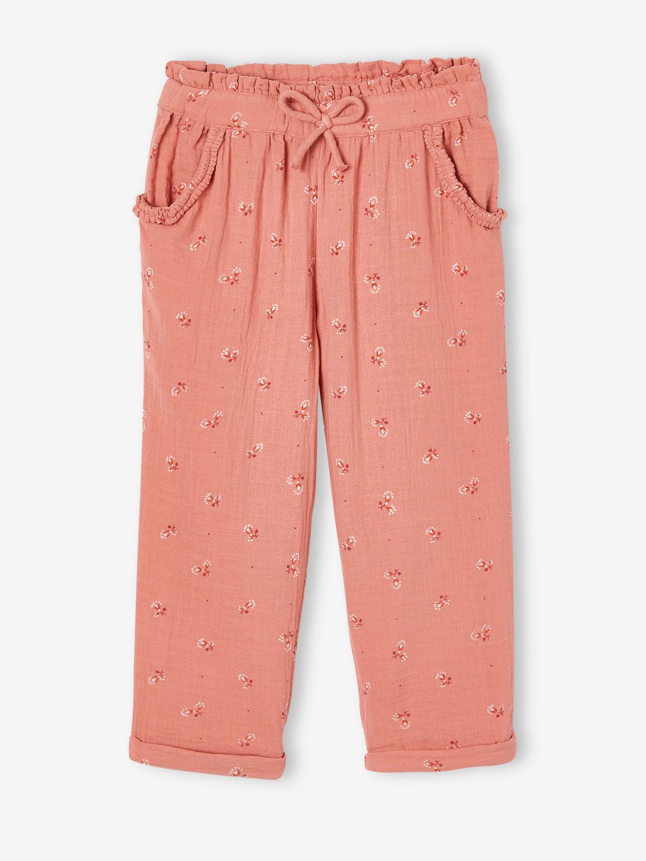 Cropped Cotton Gauze Trousers with Floral Print, for Girls blush