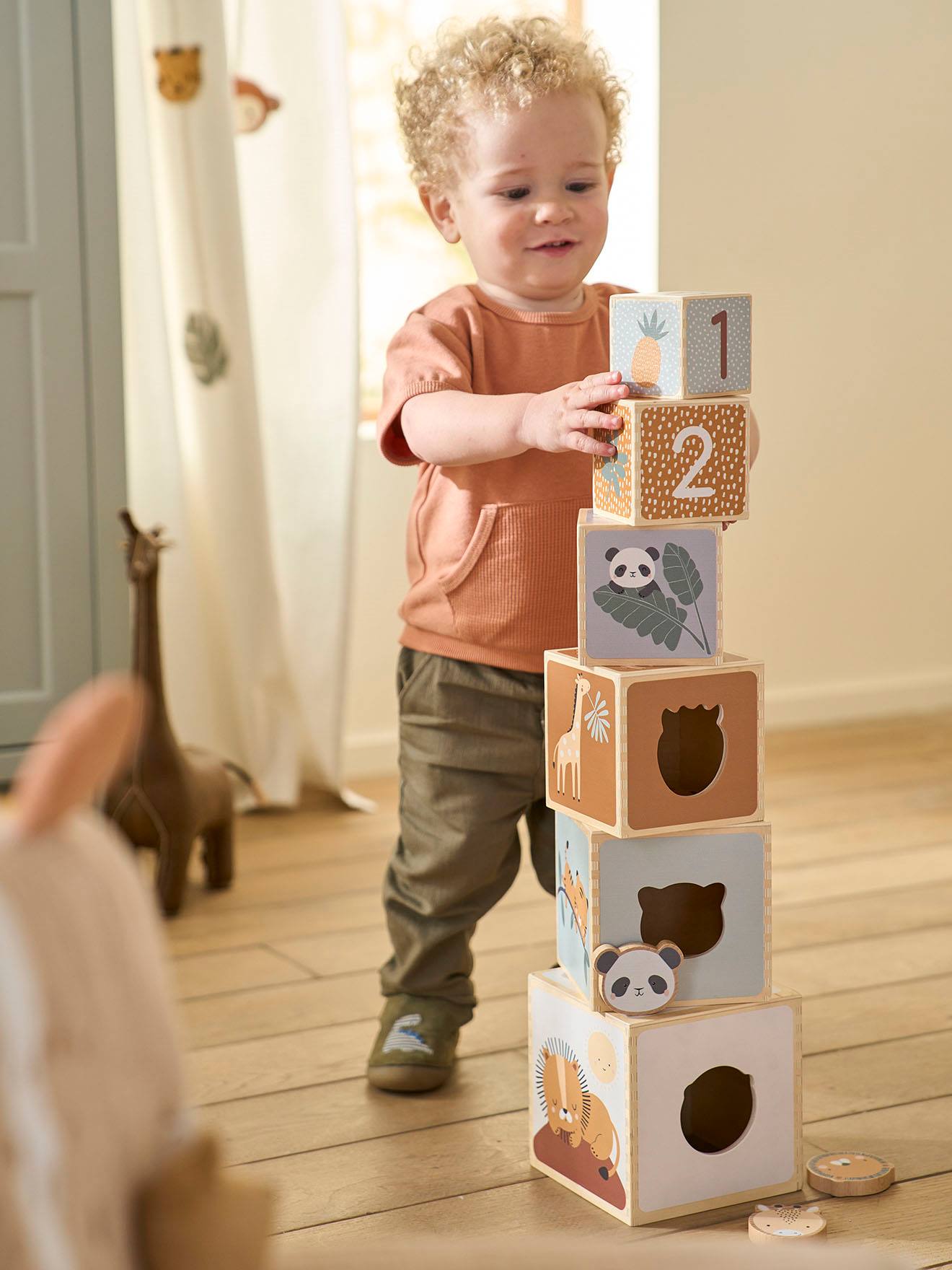Cube Tower with Shape Sorter in FSC® Wood beige medium solid with decor