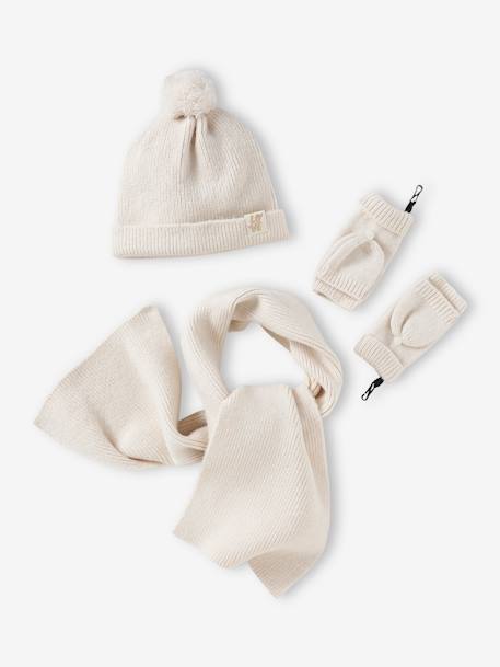 Rib Knit Set: Beanie + Scarf + Mittens/Fingerless Gloves marl beige+old rose 