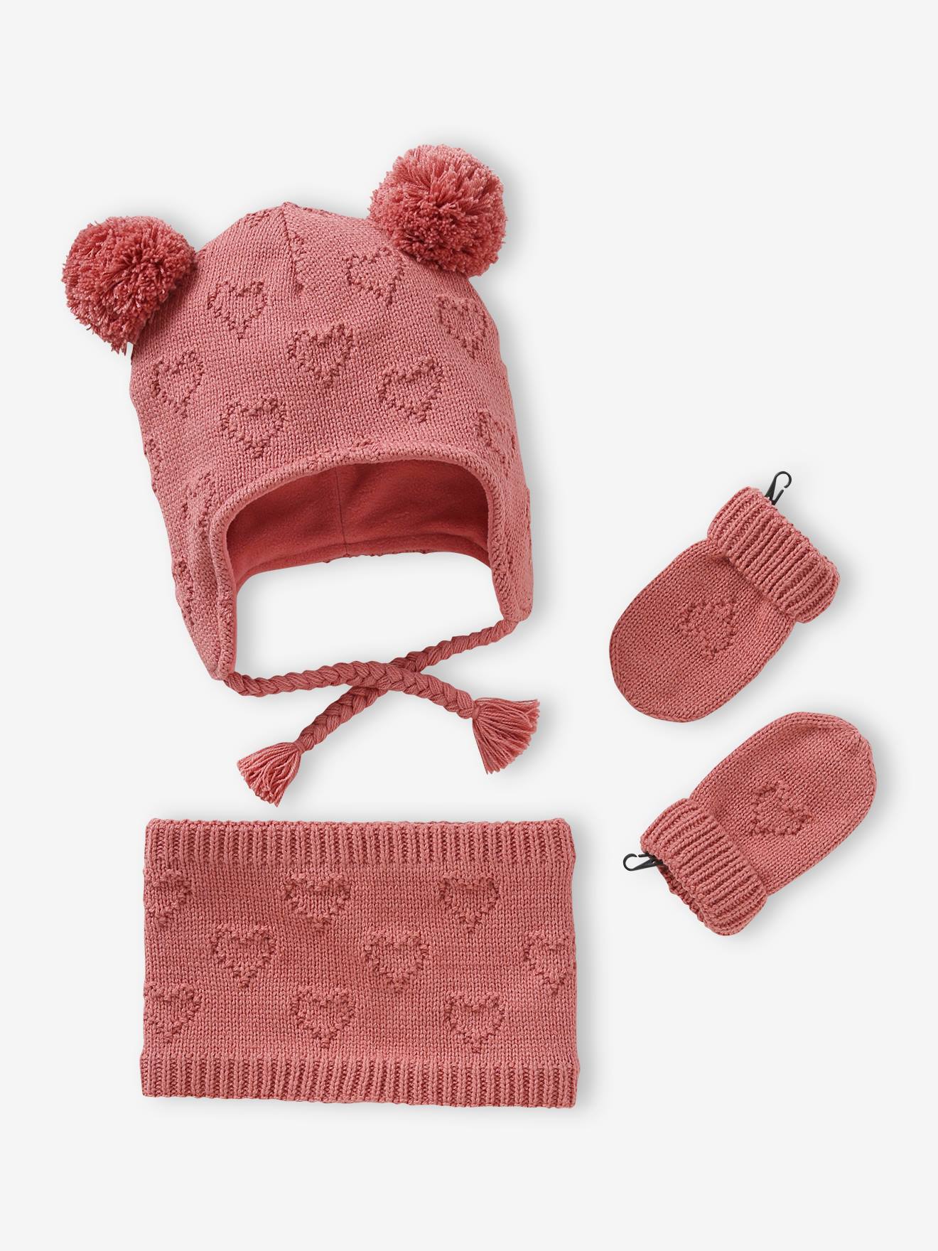 Hearts Beanie + Snood + Mittens Set