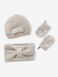 Baby-Accessories-Bow Beanie + Snood + Mittens Set for Baby Girls