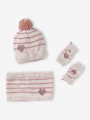 Girls-Stripes/Hearts Beanie + Snood + Mittens/Fingerless Mitts Set for Girls