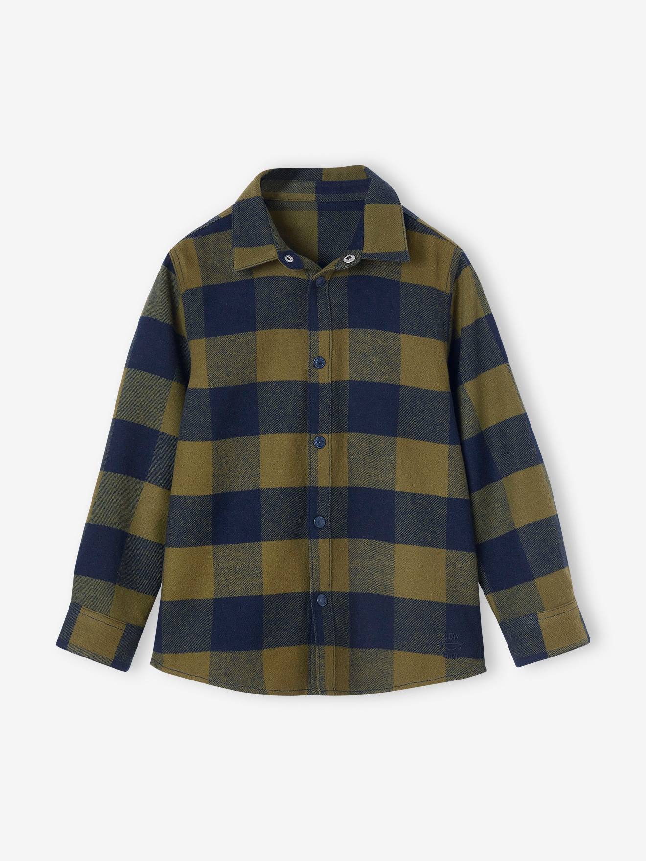 Flannel Shirt with Large Checks, for Boys olive