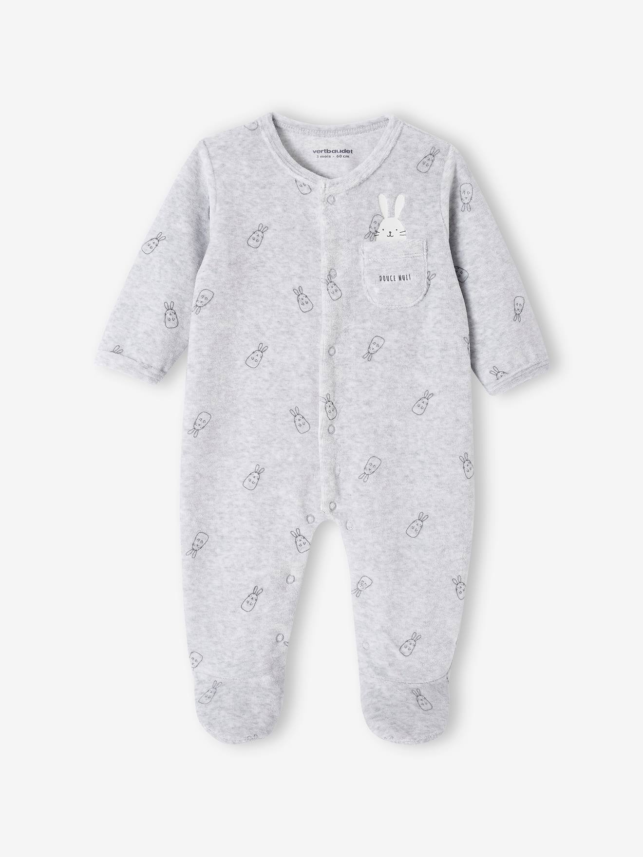 Bunnies Sleepsuit in Velour for Newborn Babies marl grey