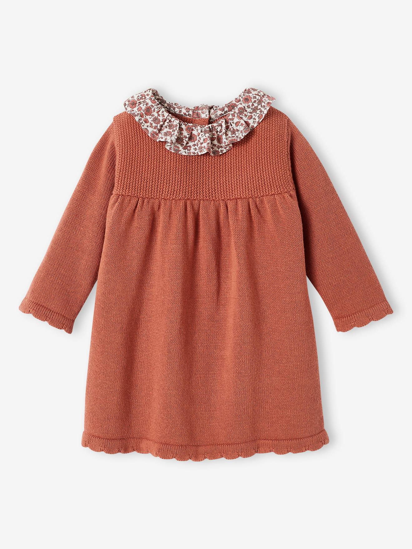 Knitted Dress with Collar in Floral Fabric for Babies rust