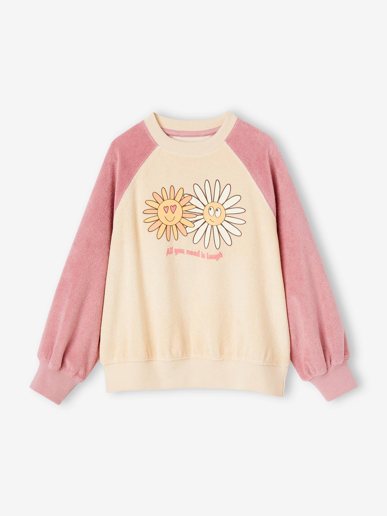 Terry Cloth Raglan Sweatshirt, Pop Flower Motifs for Girls ecru