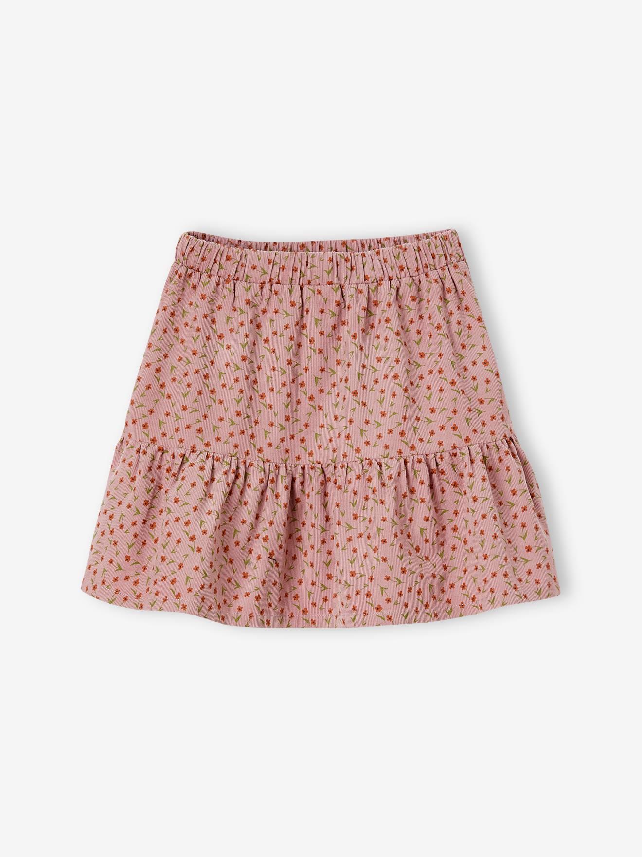 Corduroy Skirt with Ruffle & Floral Print