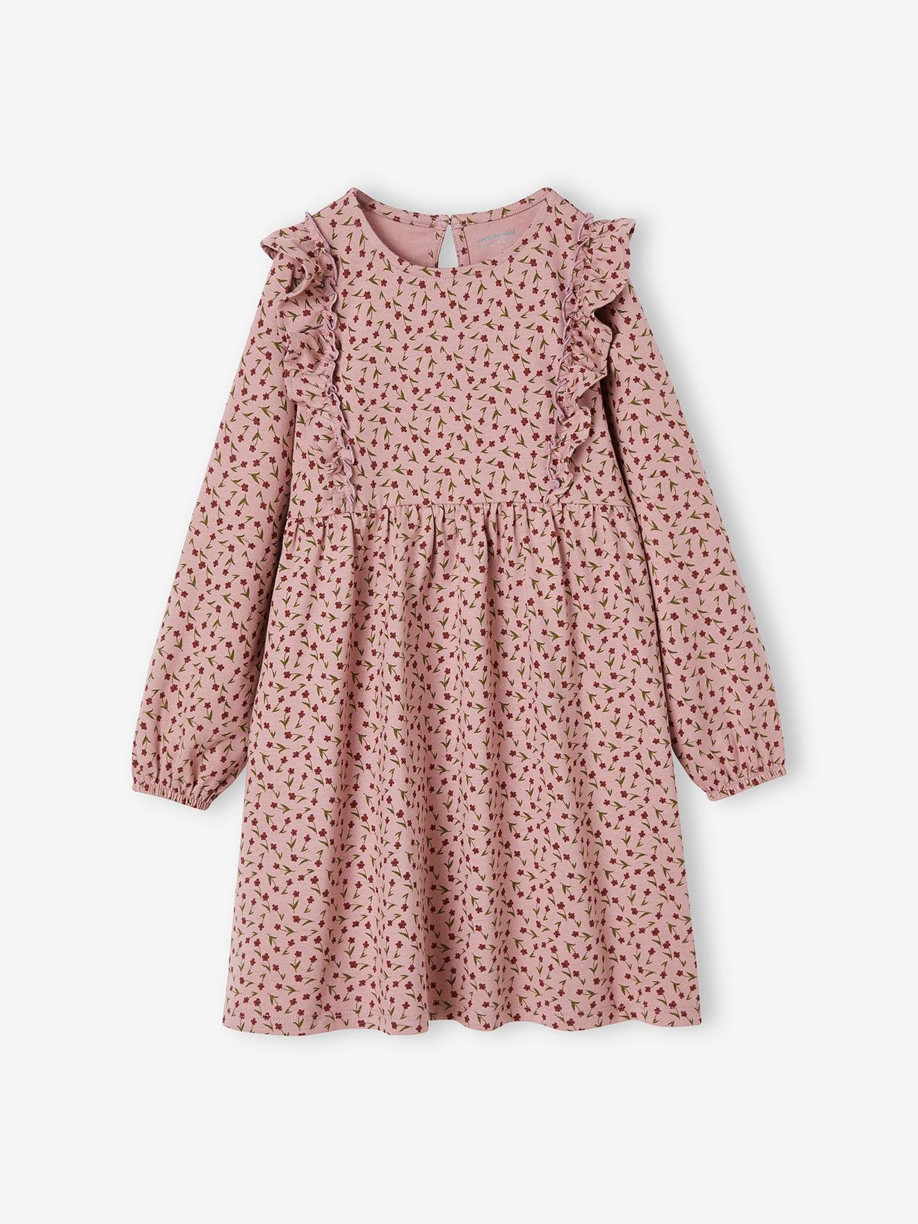 Floral Print Dress with Ruffled Sleeves for Girls old rose