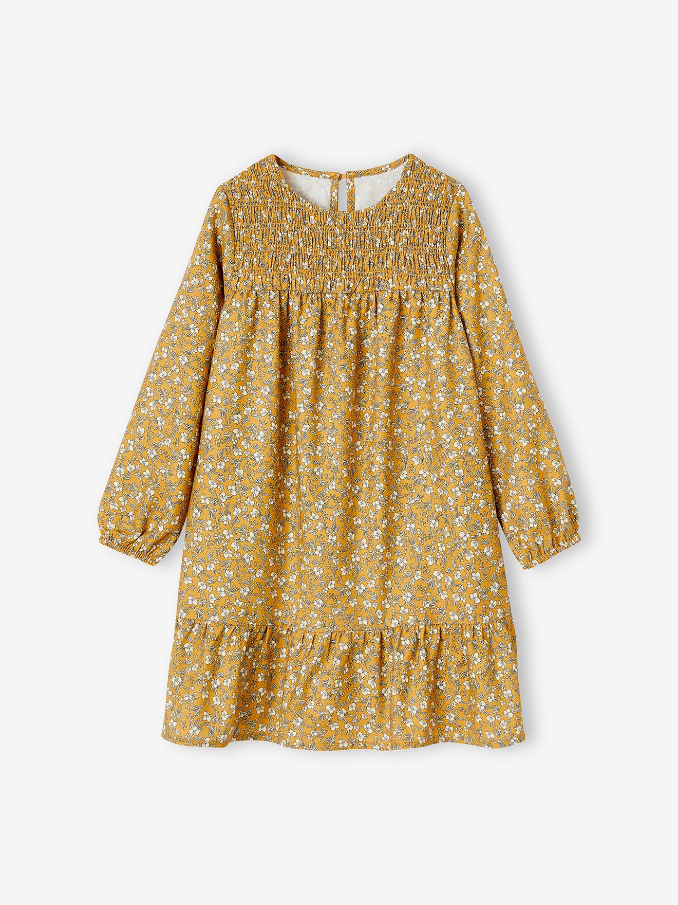 Smocked Long Sleeve Dress with Flowers for Girls mustard
