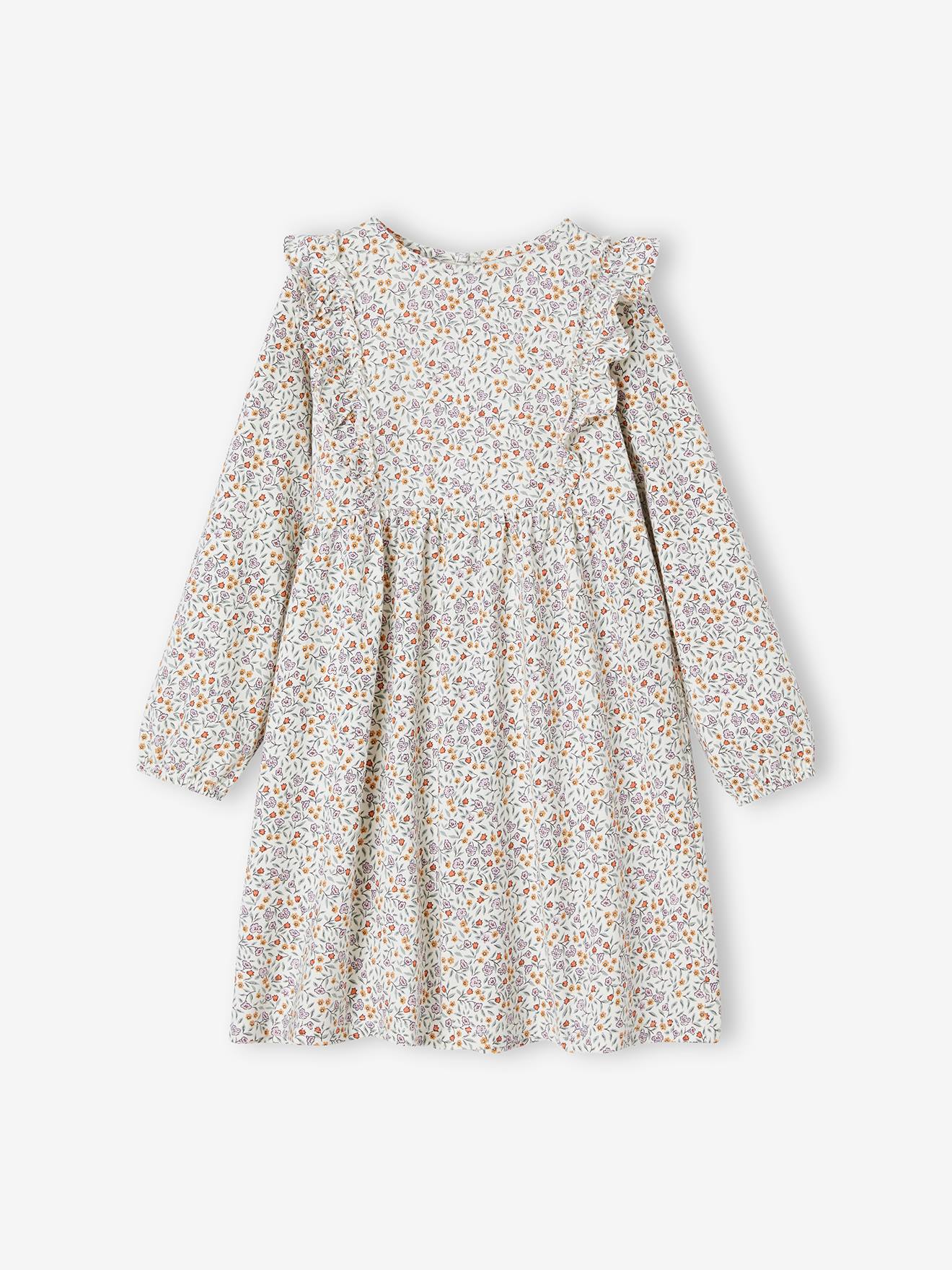 Floral Print Dress with Ruffled Sleeves for Girls ecru