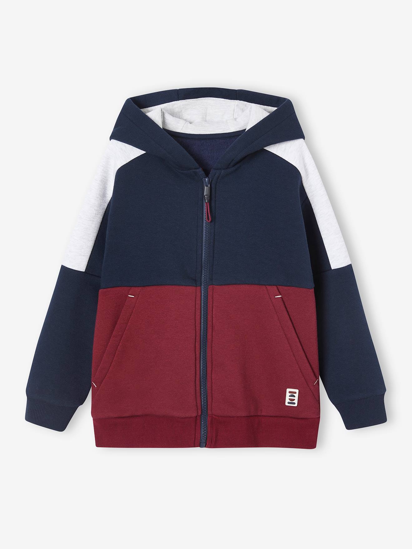 Sports Jacket with Zip & Hood, Colourblock Effect, for Boys bordeaux red