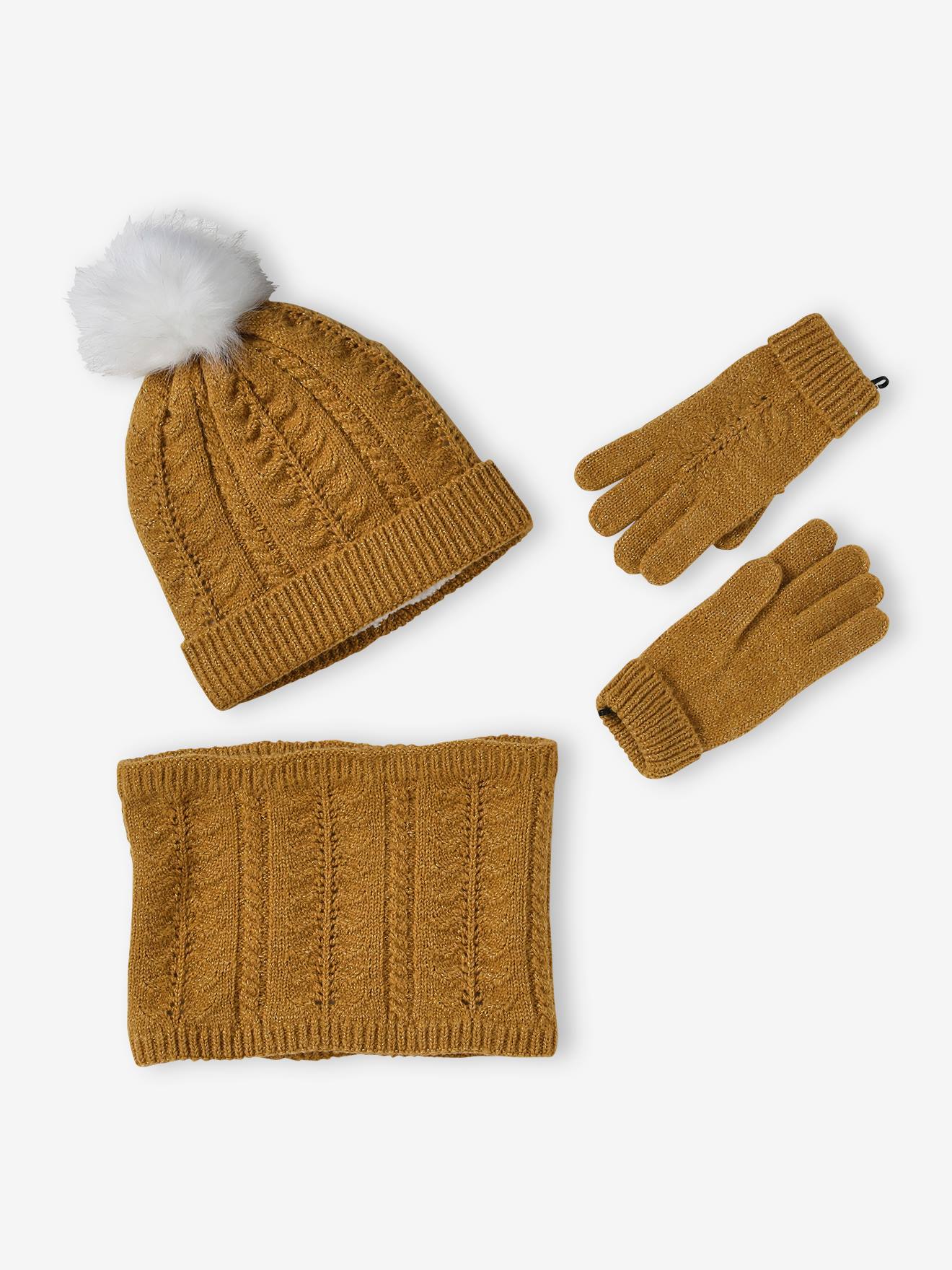 Beanie + Snood + Gloves or Mittens Set in Cable Knit for Girls mustard