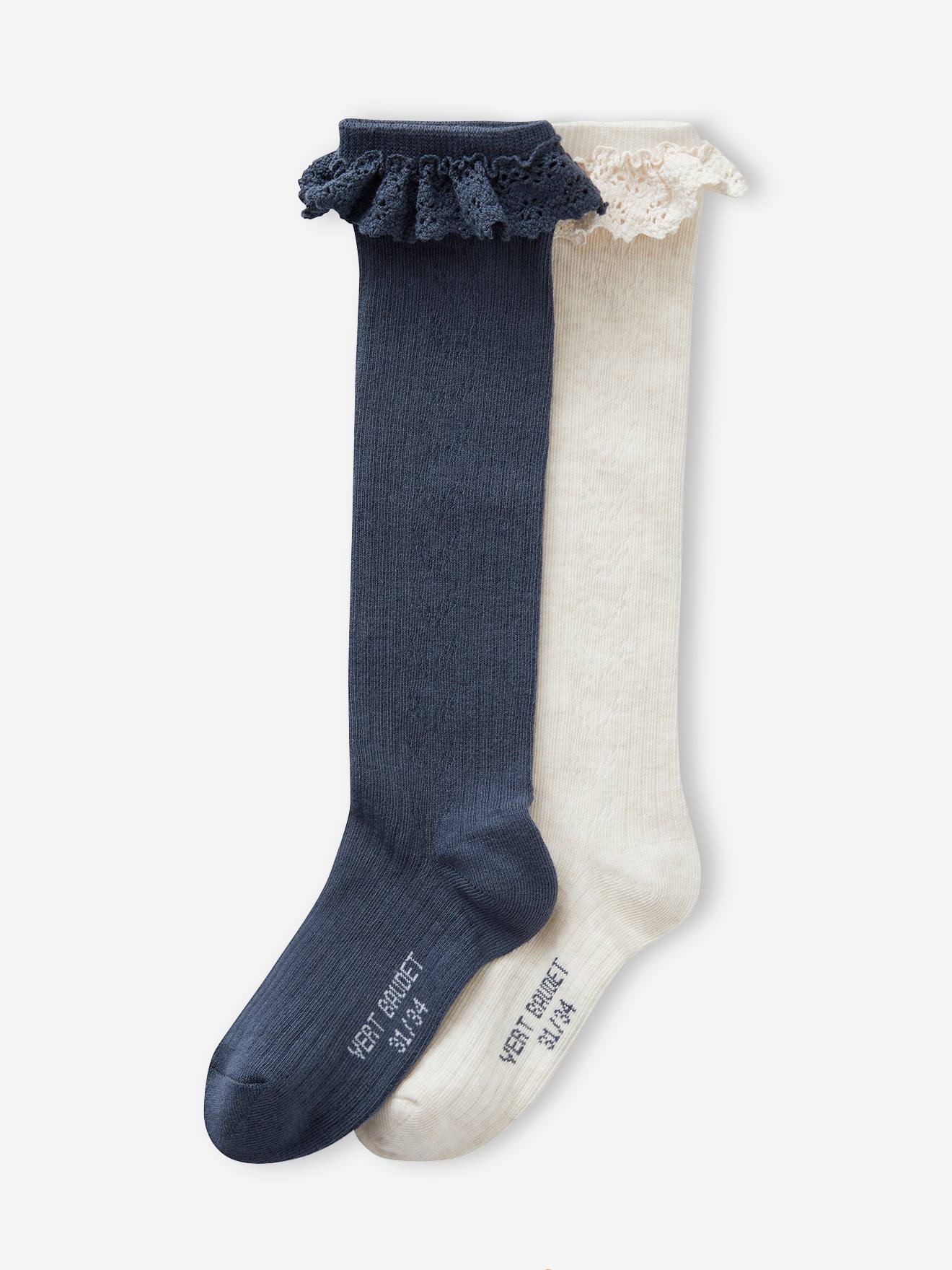 Pack of Pairs of High Socks in Openwork Lace for Girls navy blue