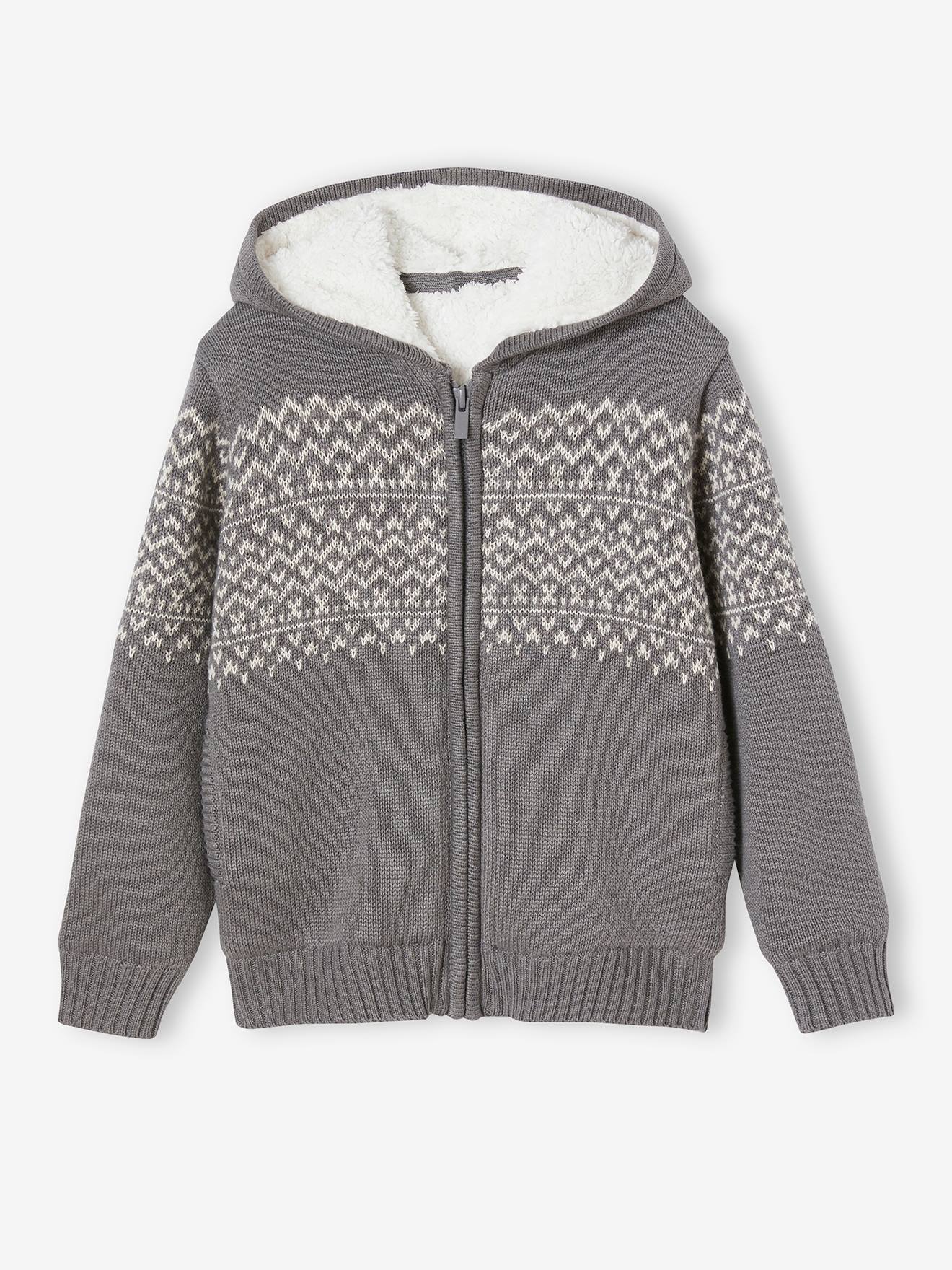 Zipped Jacket with Hood, Sherpa Lining, For Boys marl grey