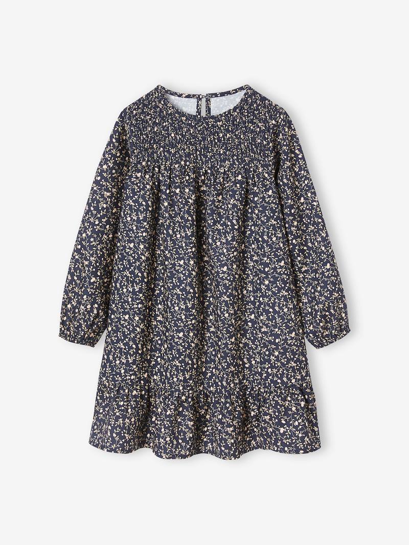 Smocked Long Sleeve Dress with Flowers for Girls - navy blue, Girls ...