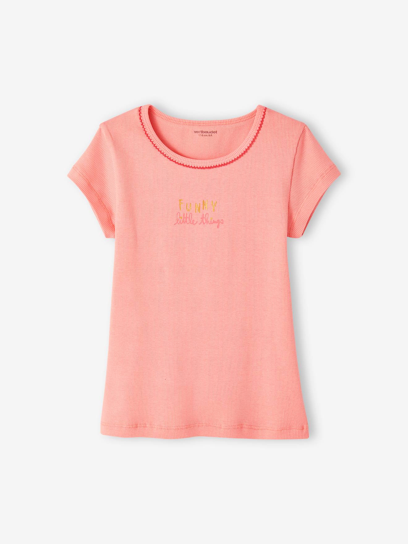 Pack of 3 Short Sleeve Fancy T Shirts in Rib Knit for Girls nude pink
