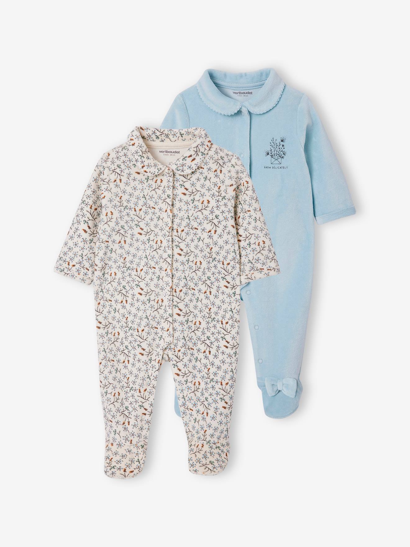 Pack of 2 Velour Sleepsuits for Babies sky blue