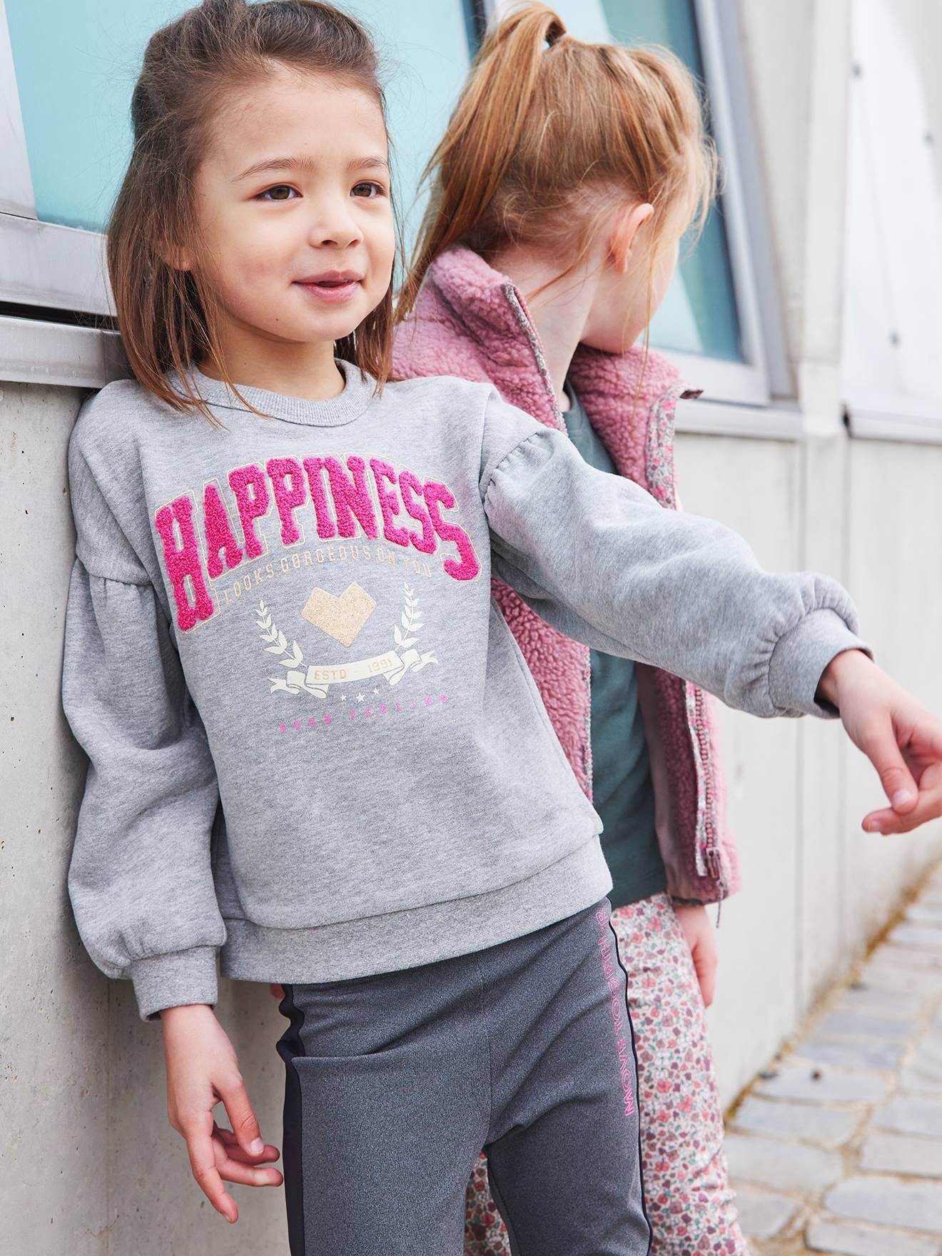 Sports Sweatshirt "Happiness", in Boucle Knit & Iridescent Details, for Girls marl grey