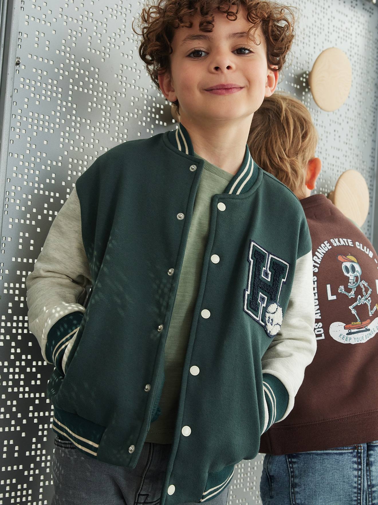 College-Type Jacket in Fleece, Patch in Boucle Knit, for Boys fir green
