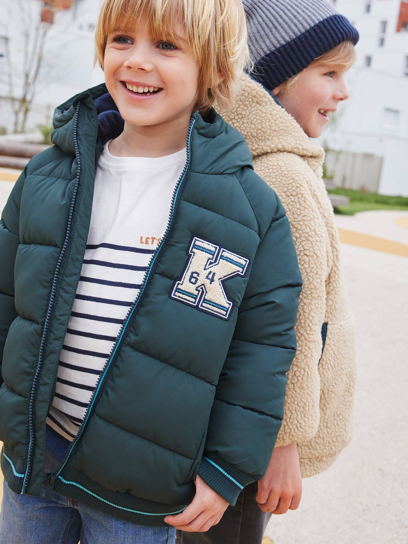 College-Style Padded Jacket with Polar Fleece Lining for Boys fir green