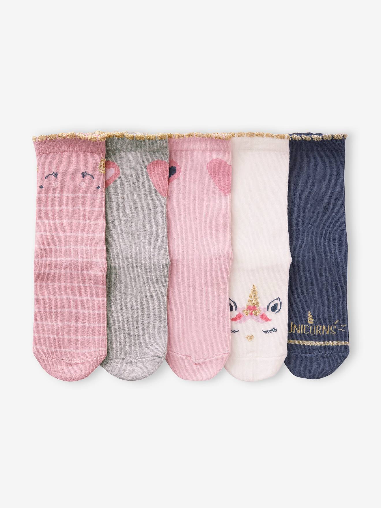 Pack of 5 Pairs of Unicorns & Hearts Socks for Girls rose