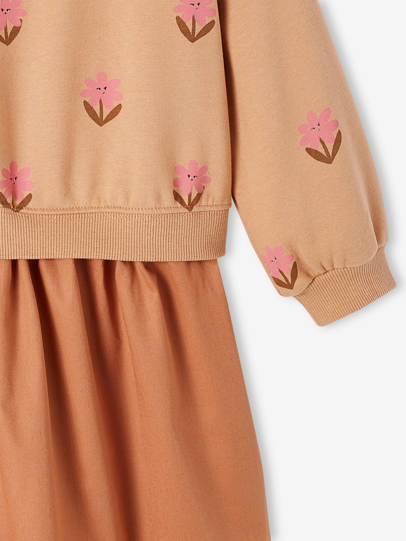 2-in-1 Effect Dress with Pop Flower Motifs for Girls - peach