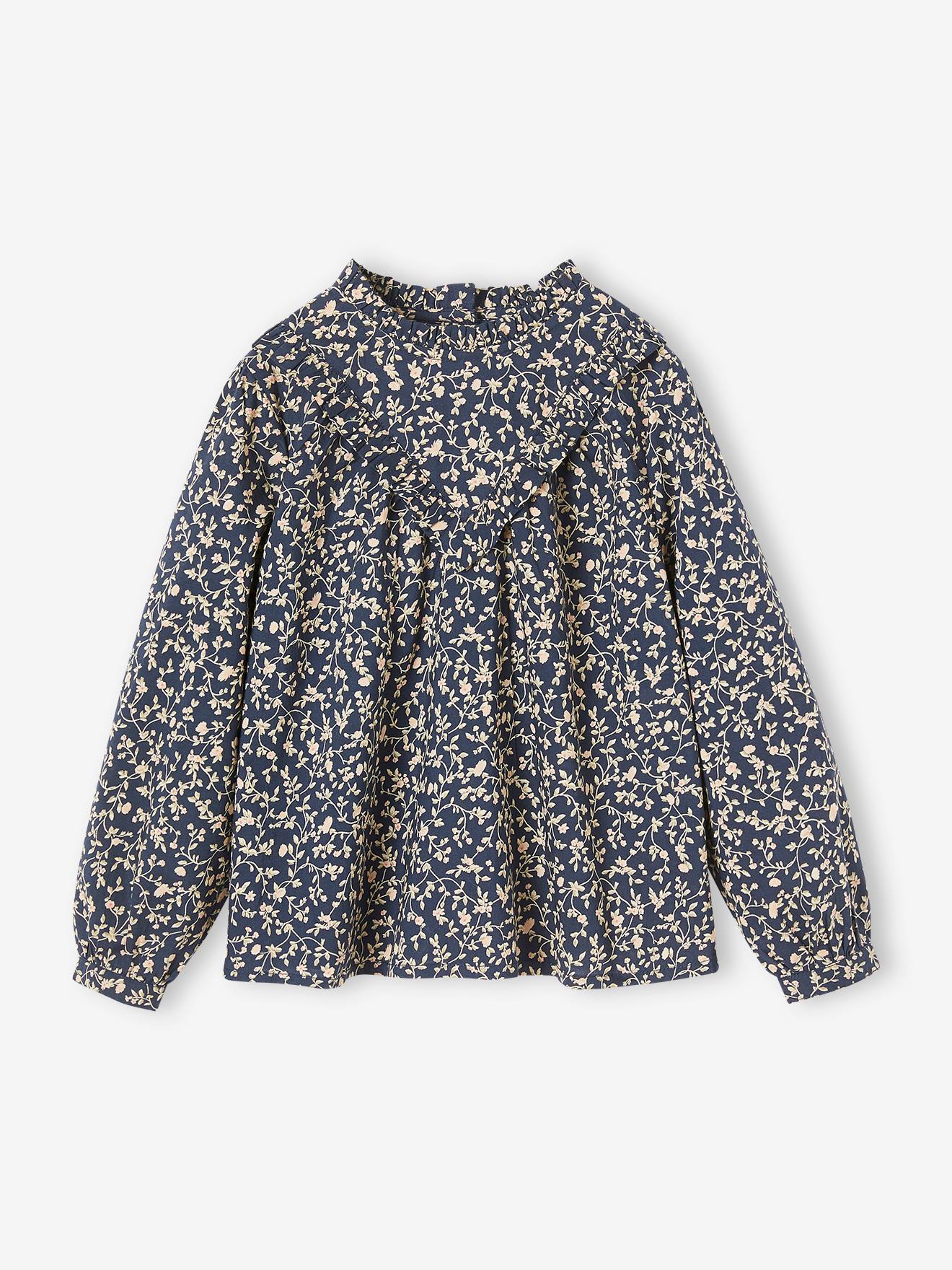 Blouse with Crew Neck & Floral Print for Girls navy blue