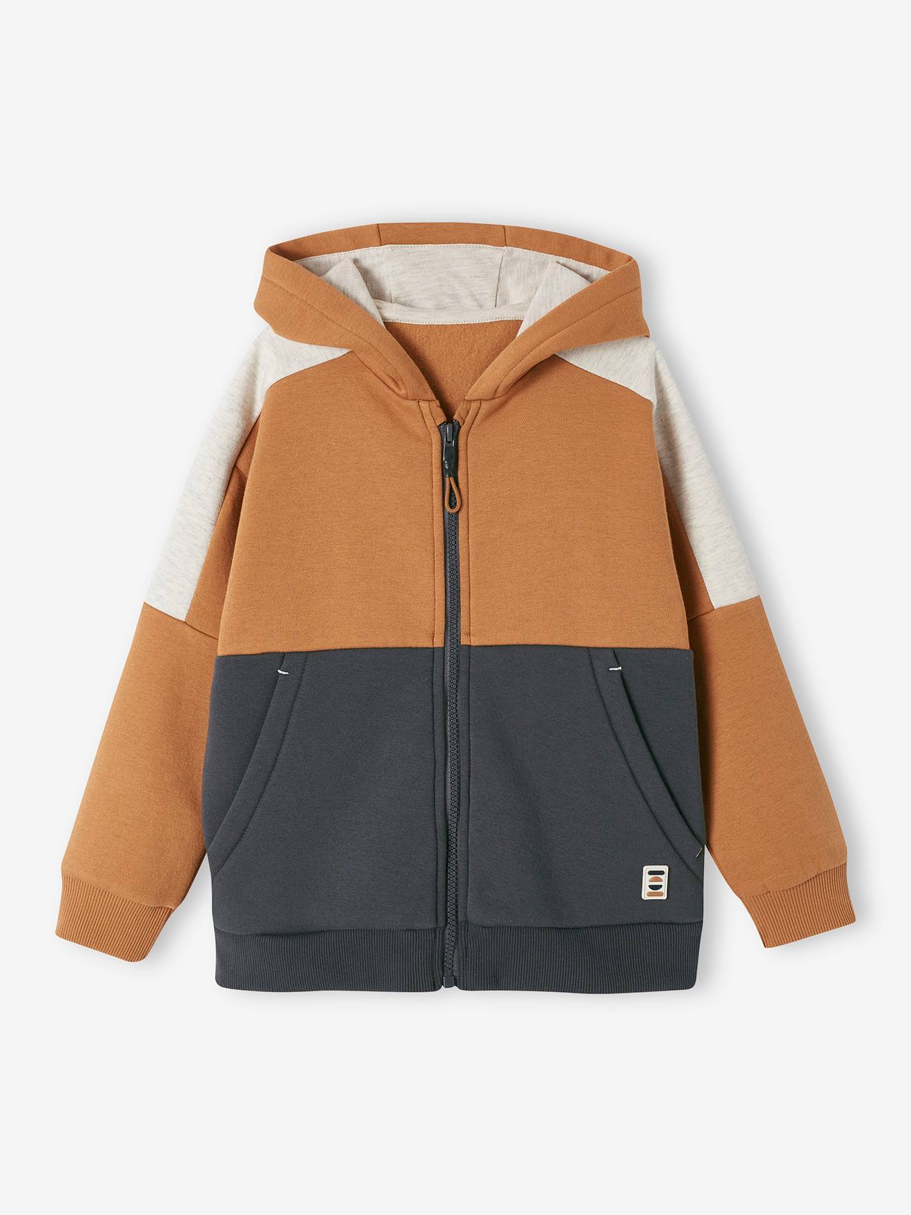 Sports Jacket with Zip & Hood, Colourblock Effect, for Boys ochre