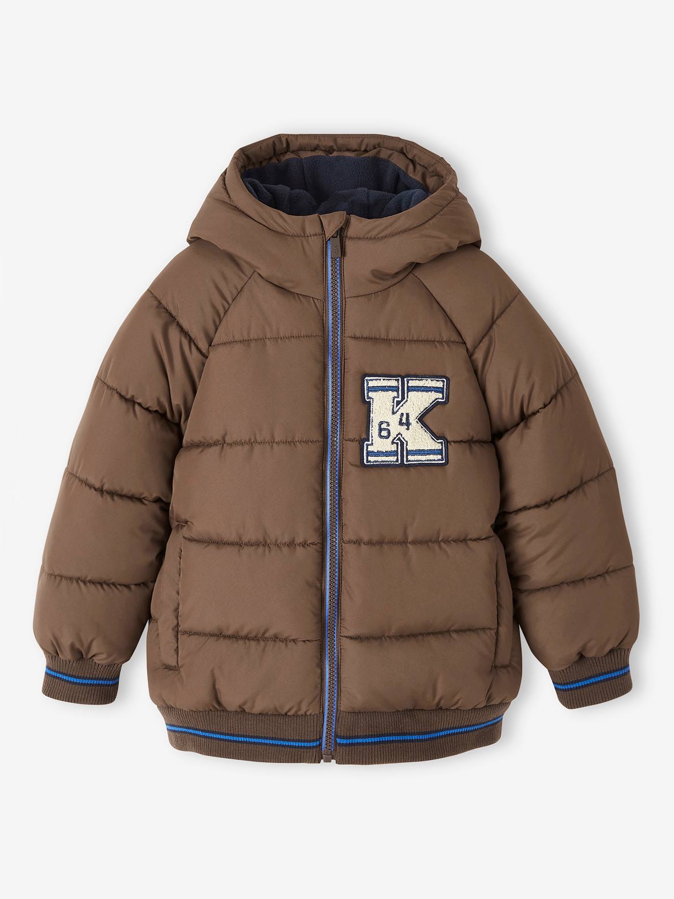 College-Style Padded Jacket with Polar Fleece Lining for Boys chocolate