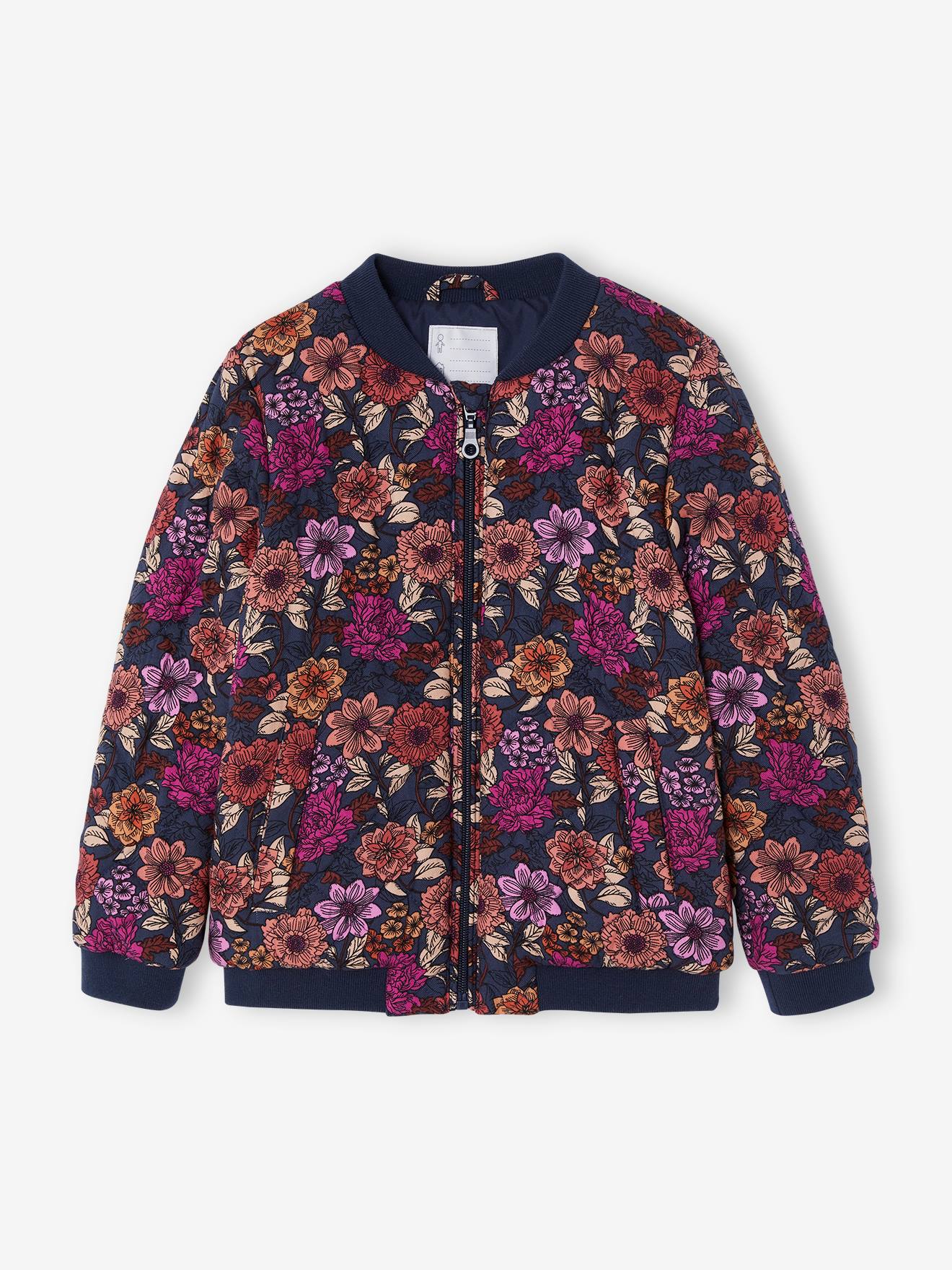 Bomber-Style Padded Jacket with Floral Print for Girls - night blue